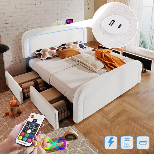 Bettgestell mit USB Typ C Ladefunktion LED-Beleuchtung und 4 Schubladen, Doppelbett Polsterbett 160x200cm, Höhenverstellbarem Kopfteil, Lattenrost aus Holz, Sherp-Weiß (Ohne Matratze)