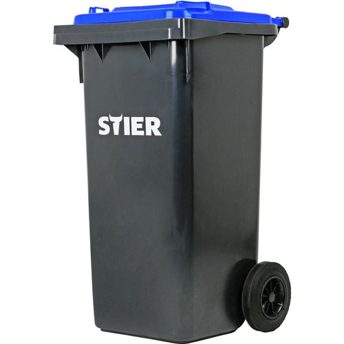 STIER 2-Rad-Müllgroßbehälter, Mülltonne, Volumen 120 Liter, Mülleimer, Tonne Grau, Deckel Blau, Größe: 475 x 550 x 930 mm, Restmülltonne mit Rädern und Deckel