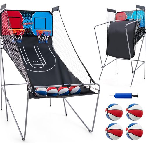 COSTWAY 8 in 1 Basketballautomat, elektrischer Baskeltballständer klappbar, Schießmaschine mit 4 Bällen, Luftpumpe & 8 Spielmodi, Arcade Basketballspiele Kinder für 2 Spieler Blau + Rot