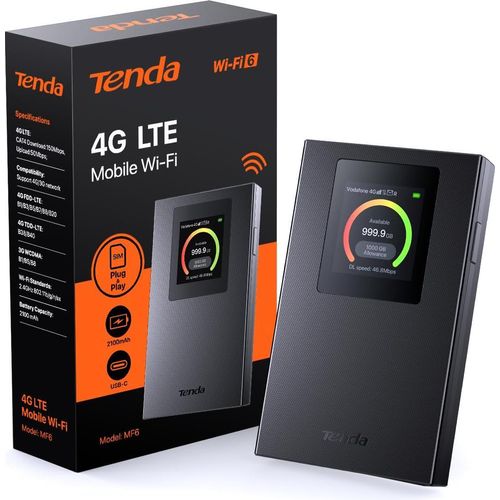 Tenda Mobiler WLAN Router mit LCD-Anzeige, Wi-Fi 6 Tragbarer Hotspot, 2100mAh Akku, USB-C-Port, Plug & Play, WPA3, 4G-Modem, MiFi, Mini-Größe, kompatibel mit entsperrter Nano-SIM-Karten, MF6