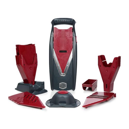 Börner Vital Gemüsehobel Profi Set Rot/Schwarz, mit Dressing Funktion, inkl. Mandoline, Fruchthalter, Marinierrolle, 2x Messereinschub, Schieberbox, Dockingstation