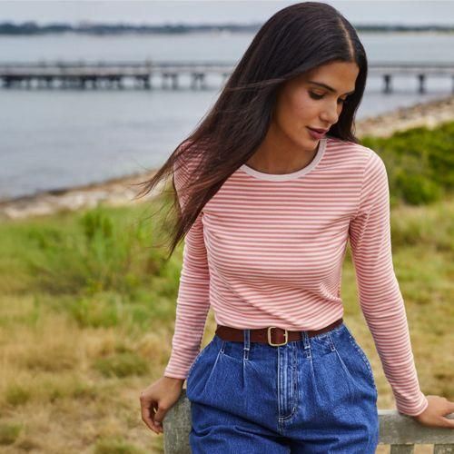 Langarmshirt aus mikrofeinem Baumwollripp, Damen,  Pink, Baumwolle/Elasthan, by Lands' End