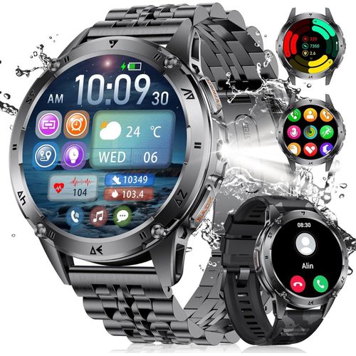 LIGE Herren-Smartwatch mit AMOLED-Display, Bluetooth-Telefonfunktion, 530 mAh Akku, Taschenlampe, 110+ Sportmodi, IP68 Fitnessuhr mit Pulsmesser