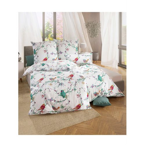 Bettwäsche WÄSCHEPUR Gr. 1, bunt (weiß, grün, bedruckt), B/L: 135cm x 200cm, 4-teilige Garnitur St., 4-teilige Garnitur St., Mako-Satin, B/L: 80cm x 80cm, Mako-Satin, 100% Baumwolle, Bettwäsche