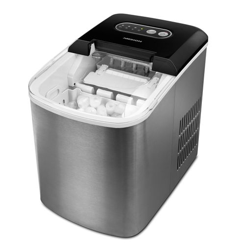 MEDION Eiswürfelmaschine (Eiswürfelbereiter, 2,2 Liter Wassertank, kurze Produktionsdauer 6-12 Minuten, 2 wählbare Eiswürfelgrößen, selbstreinigend, Edelstahl, MD17739)