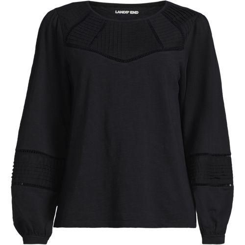 Flammgarn-Shirt mit Biesen-Verzierung, Damen,  Schwarz, Baumwolle, by Lands' End