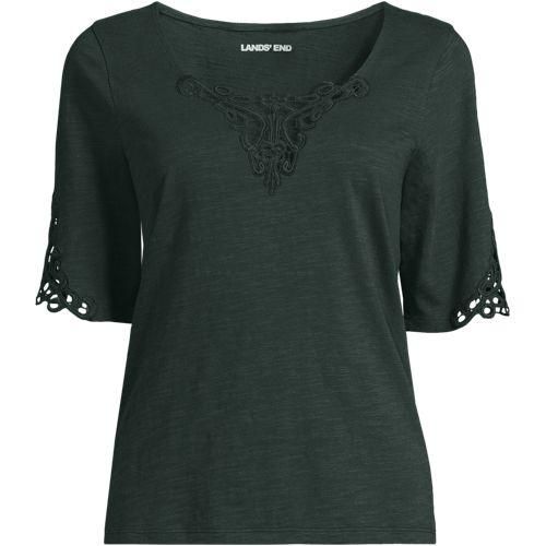 Flammgarn-Shirt mit Lochspitze, Damen,  Grün, Baumwolle, by Lands' End