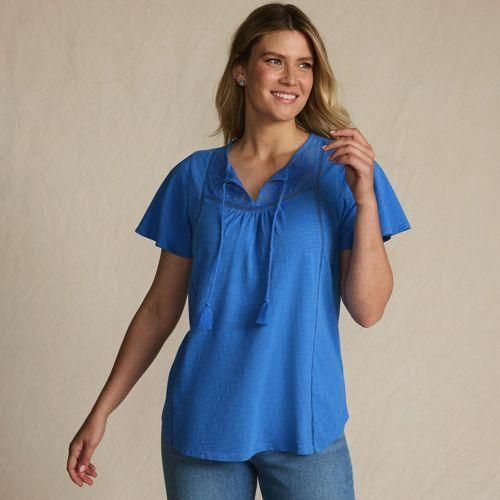 Flammgarn-Jerseyshirt mit kurzen Flügelärmeln, Damen,  Blau, Baumwolle, by Lands' End