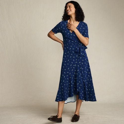 Wickelkleid aus Baumwoll/Modalmix mit kurzen Ärmeln, Damen,  Blau, Elasthan/Baumwoll-Mischung/Synthetic-blend, by Lands' End