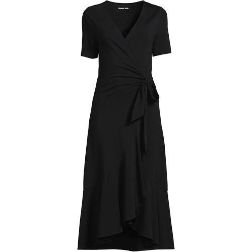 Wickelkleid aus Baumwoll/Modalmix mit kurzen Ärmeln, Damen,  Schwarz, Elasthan/Baumwoll-Mischung/Synthetic-blend, by Lands' End