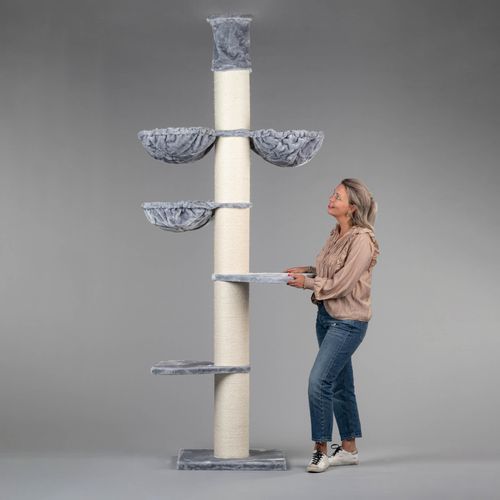 RHRQuality Kratzbaum für große Katzen – Maine Coon Tower Plus – 225 bis 245 cm hoch – Mit extra dicken 20 cm Sisalstämmen – Hellgrau