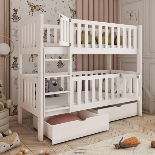 Hochbett 80x180 mit schließbarem Rausfallschutz Etagenbett mit Sicherheitstüren, zwei Schubladen, Lattenrost, umbaubar in 2 Einzelbetten, Vollholz massiv in weiss