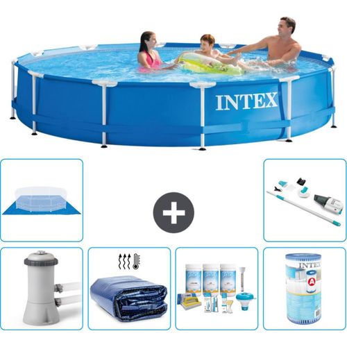 Intex Rundrahmen-Schwimmbecken – 366 x 76 cm – Blau – inklusive Pumpe Sonnensegel - Wartungspaket - Filter - Bodenplane - Staubsauger