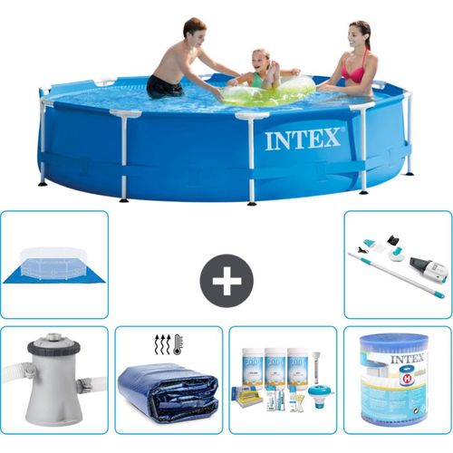 Intex Rundrahmen-Schwimmbecken – 305 x 76 cm – Blau – inklusive Pumpe Sonnensegel - Wartungspaket - Filter - Bodenplane - Staubsauger