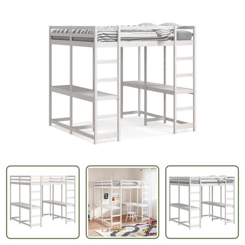 The Living Store Hochbett mit Schreibtisch & Leiter Weiß 160x200 cm Kiefernholz