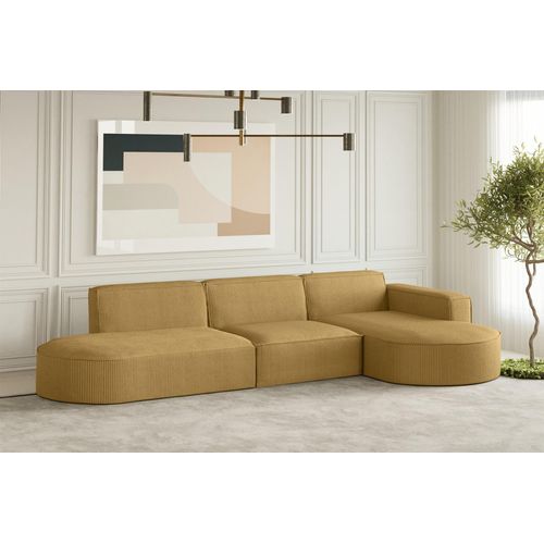 Ecksofa Designersofa PALMA in Stoff Scala Senfgelb Ottomane Rechts