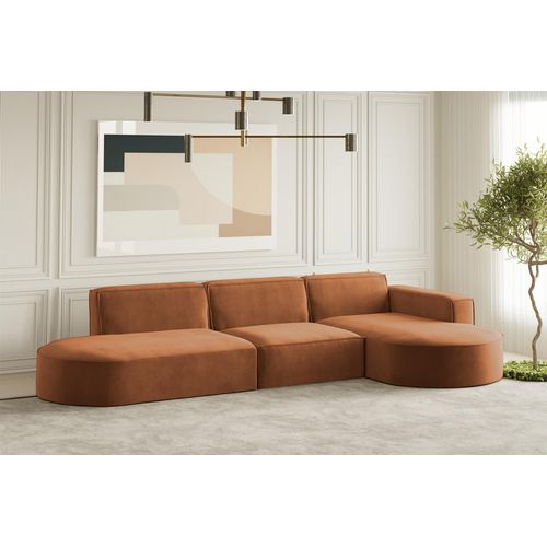 Ecksofa Designersofa PALMA in Stoff Noel Ziegelrot Ottomane Rechts