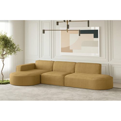 Ecksofa Designersofa PALMA in Stoff Scala Senfgelb Ottomane Links