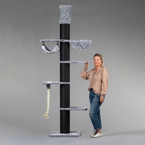 RHRQuality Kratzbaum für große Katzen – Maine Coon Tower Crown – 250 bis 270 cm hoch – mit extra dicken 20 cm Sisalstämmen – Blackline Hellgrau