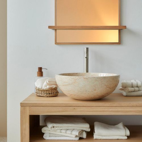 Waschbecken Aufsatzwaschbecken aus Marmor hell creme poliert rund