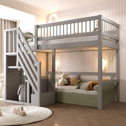 Massivholzbett 90*200, Treppe mit Aufbewahrungsschrank, Kinderbett, Jugendbett, Einzelbett, Massivholzrahmen, hohe Ausführung, grau