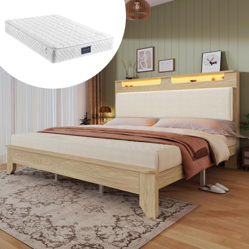 STILVORA 160×200 Doppelbett mit Matratze&Stauraumkopfteil,Holzbett mit LED&Cordpolster-Rückenlehne,Jugendbett mit Holzlatten,Ohne Bettbank,Heller Eiche