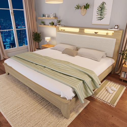 STILVORA 160×200 Doppelbett mit Stauraumkopfteil,Holzbett mit LED&Cordpolster-Rückenlehne,Jugendbett mit Holzlatten,Ohne Matratze&Bettbank,Heller Eiche