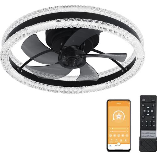Luxus-Kristall-Deckenventilator Lampe Semi-Flush Mount Deckenventilator Licht Low Noise mit Fernbedienung APP-Steuerung stufenlose Dimmung 3 Lichtfarben 6 Windgeschwindigkeiten vorwärts und rückwärts Rotation für Schlafzimmer Wohnzimmer Studie, 20-Zoll