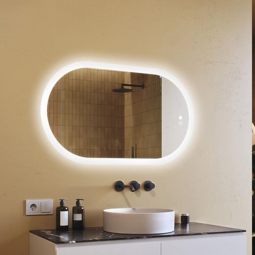 Badspiegel 120x70cm - Ovalmit LED Beleuchtung - LED Dual und Touchsensor und Heizmatte