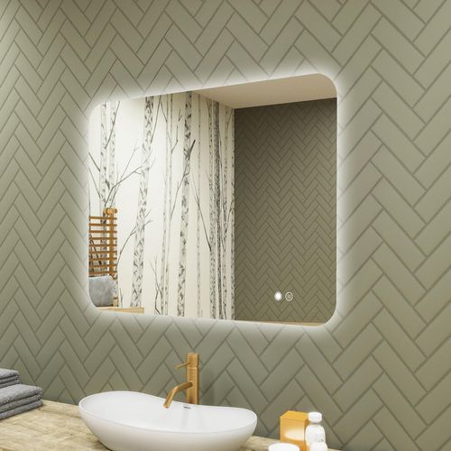 Badspiegel 80x60cm - Abgerundetmit LED Beleuchtung - LED Dual und Touchsensor und Heizmatte
