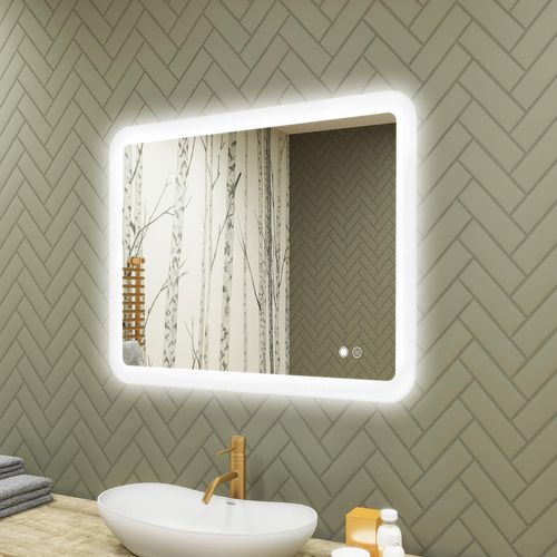 Badspiegel 80x60cm - Abgerundetmit LED Beleuchtung - LED Dual und Touchsensor und Heizmatte