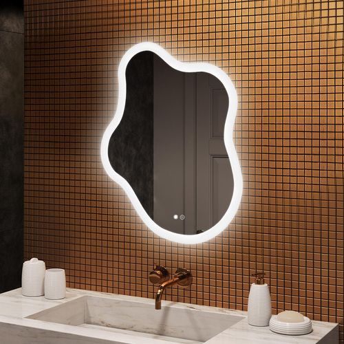 Badspiegel 74x94cm - Unregelmäßigmit LED Beleuchtung - LED Dual und Touchsensor und Heizmatte