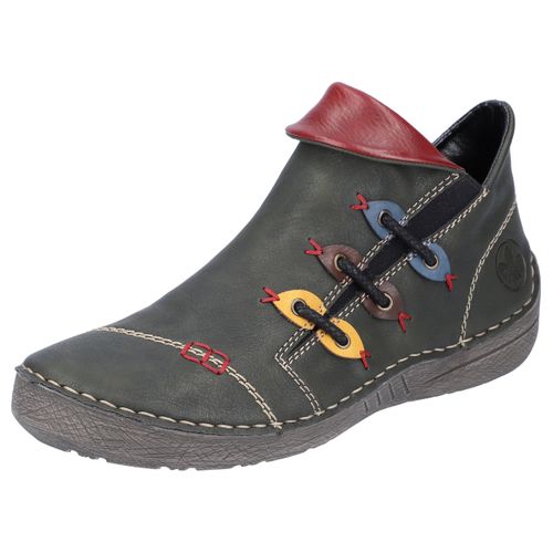 Stiefelette RIEKER, Damen, Gr. 38, grün (grün kombiniert), Lederimitat, sportlich, Schuhe, Schlupfboots, Slipper mit bunten Applikationen seitlich