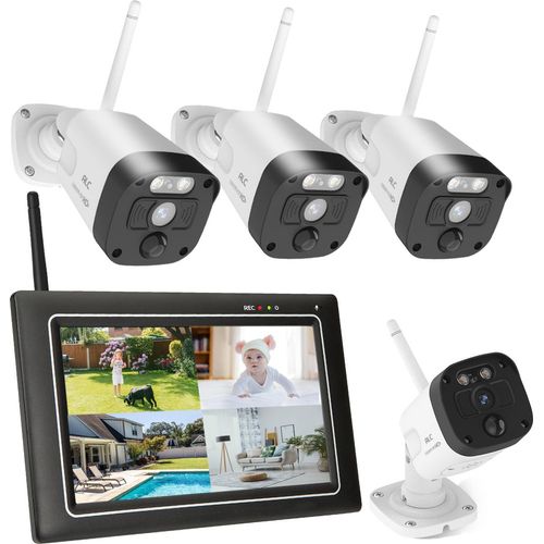 SecuFirst 2K Überwachungskamera Aussen Set mit Monitor,4X Kameras Überwachung ohne WLAN +7 Zoll Touchscreen Funk NVR Bildschrim,Gegensprech oder Wiede