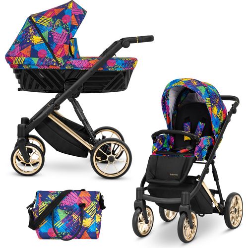 Kinderwagen IVENTO Sportwagen Babywagen Babyschale Komplettset Kinder Wagen Set 2 in 1 (Colors Impresion, Rahmenfarbe: Gold)