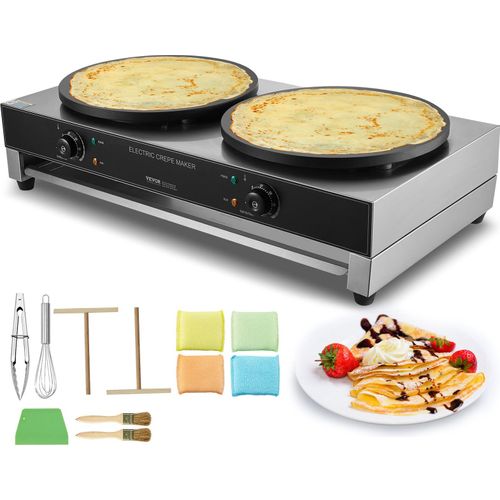 VEVOR elektrischer Crepemaker Crepe-Maschine mit Doppelkopf 6000 W flache Crepe-Grillplatte, Pfannkuchenherd aus Edelstahl, Cerealien-Pfannkuchenherd, Temperaturregelung (kein Stecker)