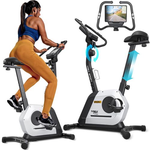TREX SPORT Heimtrainer Fahrrad TX-500MB IRON | Fitnessbike, 14 Widerstandsstufen, LCD-Display, Pulssensoren | leise, ergonomisch, bis 125kg | Weiß