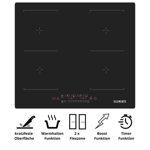 Induktionskochfeld 60 cm, Antiscratch ( kratzfeste Oberfläche ), 2 x Flexzone, 7400 Watt, Rahmenlos, Touch-Bedienung,99Min Timer, Kindersicherung