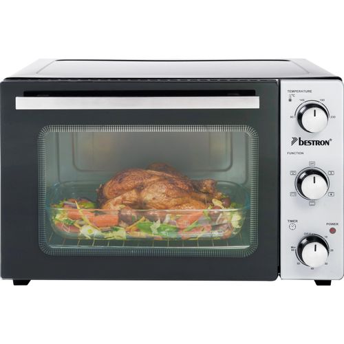 Bestron Kompakter Mini-Backofen mit Drehspieß und Pizzastein, 31 Liter, 1500 Watt, Edelstahl