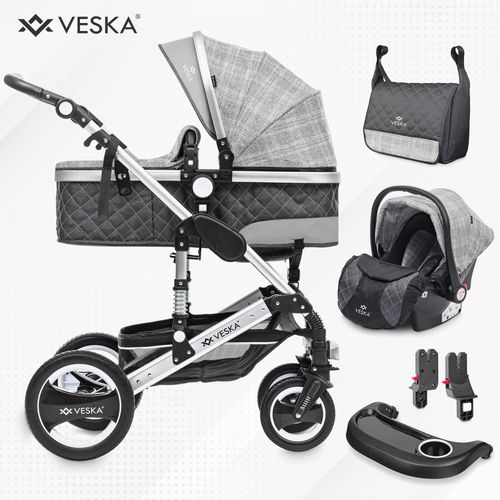 VESKA® 3 in 1 Kombi-Kinderwagen inkl. Babyschale, Buggy, Jogger mit Wickeltasche, Moskitonetz, Regencover, Spieltisch, Autoschale Fußsack, QuickFold, Aluminiumrahmen - Silber - grau/kariert