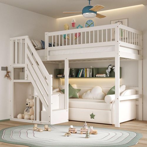 Massivholzbett 90*200, Treppe mit Aufbewahrungsschrank, Kinderbett, Jugendbett, Einzelbett, Massivholzrahmen, hohe Ausführung, weiß