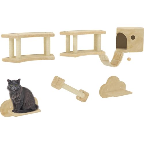 PawHut Katzen Kletterwand Set, 5-teilig Katzenmöbel mit Kratzstamm, Sprungplattformen, Leiter, Haus, Katzen-Wandgerüst, für Katzen bis 5 kg, Plüsch, Beige