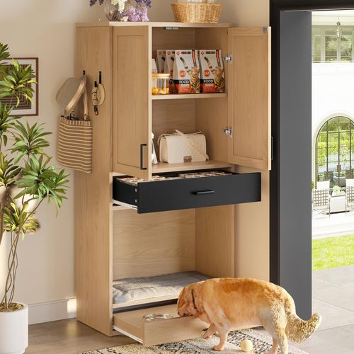 MODFU Haustiermöbel-Set Katzenschrank mit Hundebett,mit Schrankbank und hohe Schubladenkommode,Tierschrank mit Katzenhöhle und Kratzbaum,mit Futterstation,Eichen