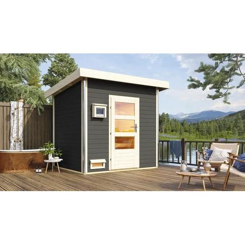 Saunahaus Karibu Opal 4 ohne Ofen mit Holztüre und Isolierglas wärmegedämmt terragrau/weiß
