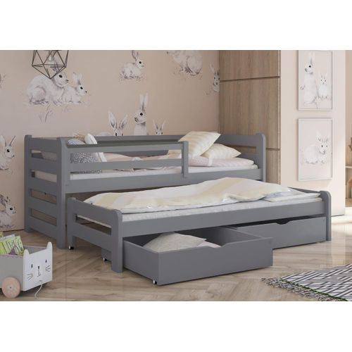 Massivholz-Kinderbett SANDRA mit Zustellbett und Schubladen – 200x90 cm – grau