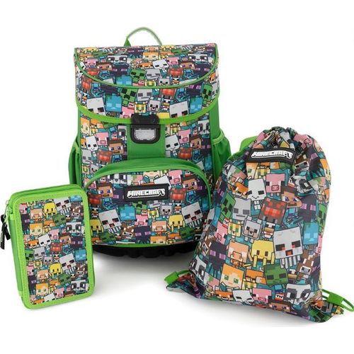 Minecraft Ergonomischer 3-teiliger Schulrucksack mit Federmäppchen und Sporttasche