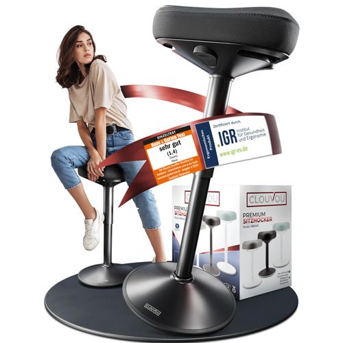 CLOUVOU Nexus ergonomische Bürohocker Schwarz - Stehhocker höhenverstellbar von 57cm bis 82cm - Ergonomischer Hocker Büro - Wackelhocker