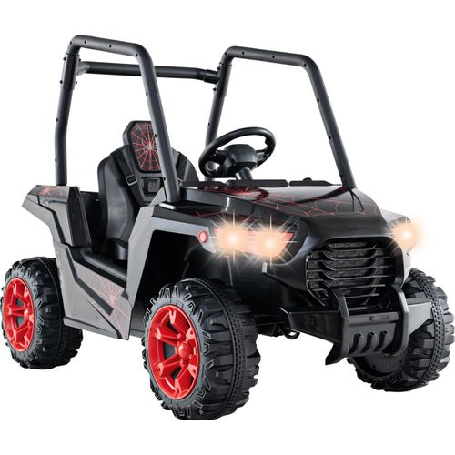 GOPLUS Kinder Elektroauto, Elektrofahrzeug UTV mit 3 verstellbaren Geschwindigkeiten, Musik, Hupe, Radio & LED-Lichter, Schwarz+Rot