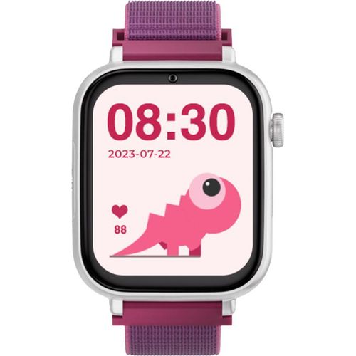 SaveWatch+: Kinder Smartwatch mit Himbeer-Textilarmband und weißem Aluminiumgehäuse