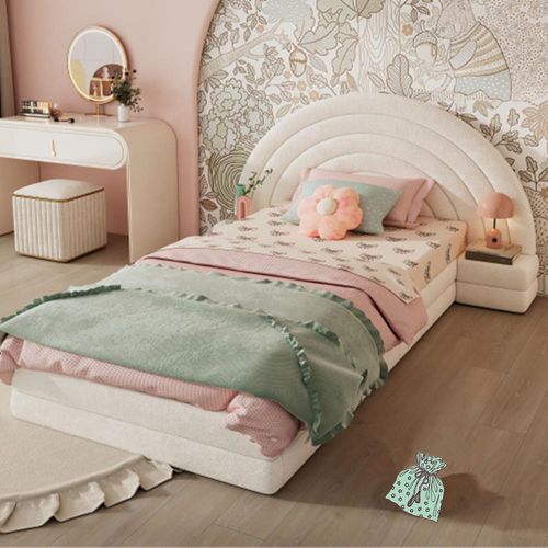 Kinderbett, Einzelbett Polsterbett mit beidseitigen Tischen,Modernes Bettgestell 90x200cm